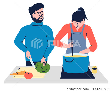 A man and a woman are cooking together A man and a woman are cooking together 134241803