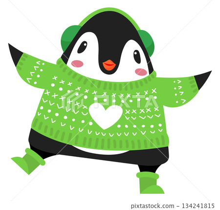 A penguin wearing a green sweater and a green hat is standing A penguin wearing a green sweater and a green hat is standing 134241815