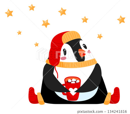 A cartoon penguin is sitting on a snowy hill with a mug of hot chocolate in its A cartoon penguin is sitting on a snowy hill with a mug of hot chocolate in its 134241816