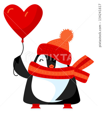 A penguin wearing a red hat and scarf holding a red balloon A penguin wearing a red hat and scarf holding a red balloon 134241817