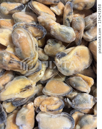 Top view of frozen mussels, seafood concept, keto diet ingredients, healthy marine food 134241958