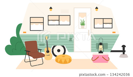 Camping truck. Summer vacation journey. Outdoor campsite 134242036