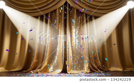金色的帷幔和華麗的舞台,聚光燈下飄舞著五彩紙屑。 金色的帷幔和華麗的舞台,聚光燈下飄舞著五彩紙屑。 134242229
