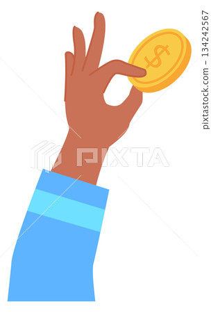 Golden coin in human hand. Investment or charity donation 134242567