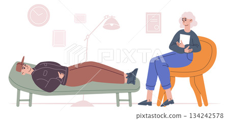 Psychoanalysis session. Man talking with therapist. Psychology counselor 134242578