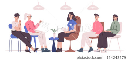 Group therapy. People sitting on chairs and talking with psychologist 134242579