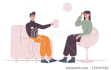 Therapy session. Mental counseling. Woman meeting psychologist 134242583