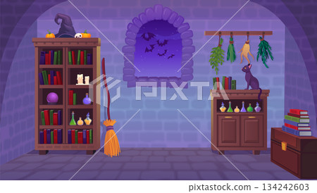 Witch home interior scene. Cartoon magic house Witch home interior scene. Cartoon magic house 134242603