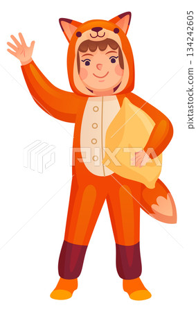 Fox kigurumi kid with pillow. Girl wear animal pajamas 134242605