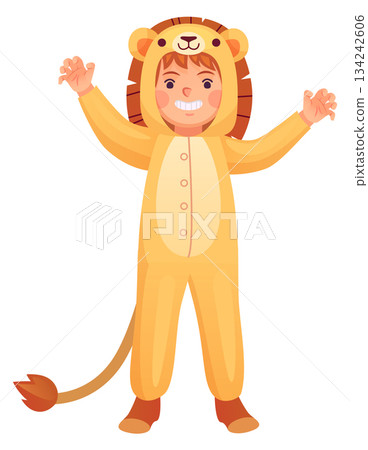 Cheerful kid in lion nightwear. Cartoon animal kigurumi 134242606