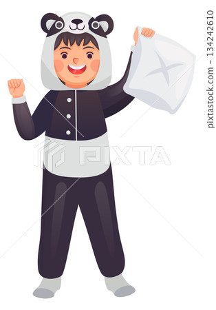 Cartoon panda pajamas on happy kid. Boy wear kigurumi 134242610