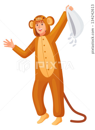 Man in monkey pajamas hold pillow. Animal sleepover icon 134242613