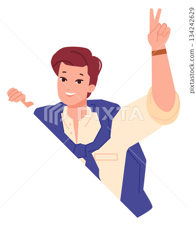 Hiding man greeting gesture from behind. Looking person 134242629