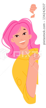 Woman look from behind wall. Cheerful cartoon girl Woman look from behind wall. Cheerful cartoon girl 134242637