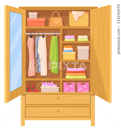 Open wardrobe. Cartoon wooden closet. Clothes storage 134242670