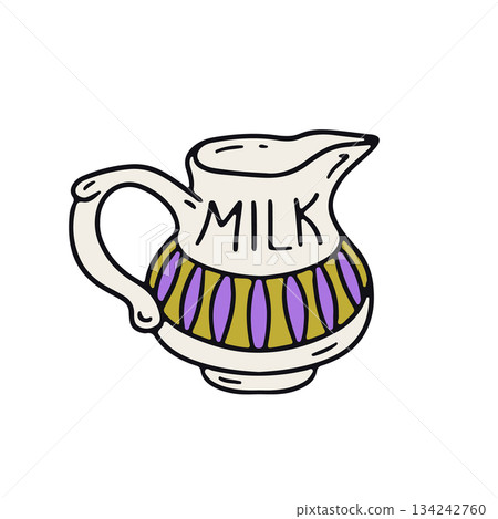Hand drawn hygge doodle ceramic milk jug icon vector illustration. Cozy kitchen utensils clipart Hand drawn hygge doodle ceramic milk jug icon vector illustration. Cozy kitchen utensils clipart 134242760
