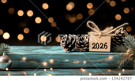 Festive New Year banner with garland, pine cones, paper tag with 2026 text, and golden bokeh lights on black background Festive New Year banner with garland, pine cones, paper tag with 2026 text, and golden bokeh lights on black background 134242787