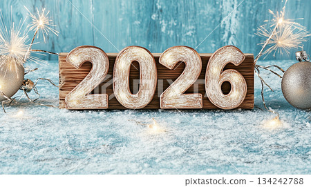 Big wooden numbers 2026 with glittering silver decorations and sparklers for festive New Year card Big wooden numbers 2026 with glittering silver decorations and sparklers for festive New Year card 134242788