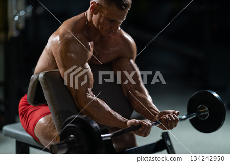 man is doing a barbell bench press while resting on a Scott bench in a gym. He focuses on his workout as he lifts the barbell with effort. The setting is well lit showing workout equipment. 134242950