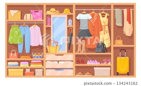 Clothes storage. Home wardrobe sections in wooden closet 134243162