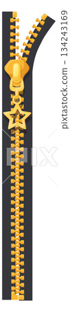 Golden zipper with star slider. Clothes metallic clasp 134243169