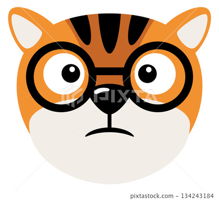 Sad tiger face in glasses. Comic animal expression 134243184
