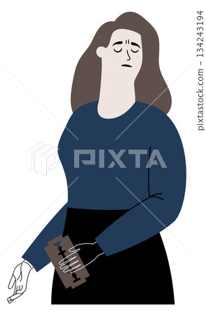 Self harm drawing. Woman cut hand with blade Self harm drawing. Woman cut hand with blade 134243194