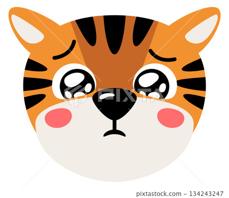 Frowning tiger emoticon. Unhappy animal comic head Frowning tiger emoticon. Unhappy animal comic head 134243247