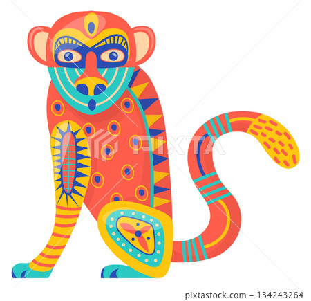 Patterned monkey in alebrije style. Ethnic color tattoo 134243264