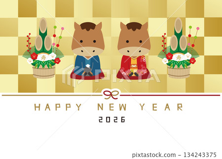 HAPPY NEW YEAR New Year's Card 2026 - Horse Couple Greeting in Kimono - Gold Folding Screen HAPPY NEW YEAR New Year's Card 2026 - Horse Couple Greeting in Kimono - Gold Folding Screen 134243375