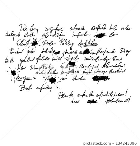 Scribbled handwriting texture, black ink scrawl of abstract text and erased words. Abstract black ink scrawl texture on white background. 134243390
