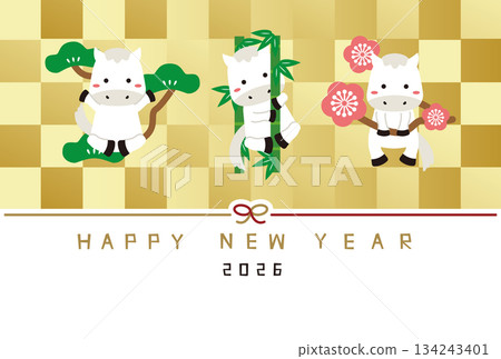新年快樂！ 2026年新年賀卡，松竹梅花白馬圖案，金色網版印刷 134243401
