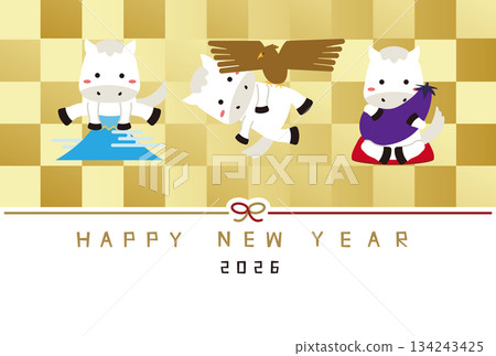 新年快樂！ 2026年新年賀卡 新年第一個夢想 白馬1 富士2 老鷹3 茄子 金屏 134243425