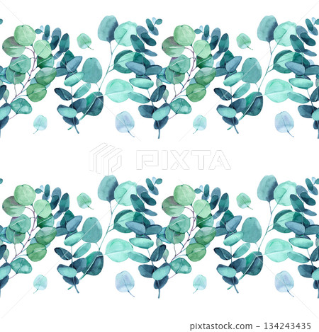Elegant watercolor illustration of eucalyptus branches arranged as a seamless botanical border. Fresh hand painted foliage design created for modern decor, wedding stationery, packaging, textiles and Elegant watercolor illustration of eucalyptus branches arranged as a seamless botanical border. Fresh hand painted foliage design created for modern decor, wedding stationery, packaging, textiles and 134243435