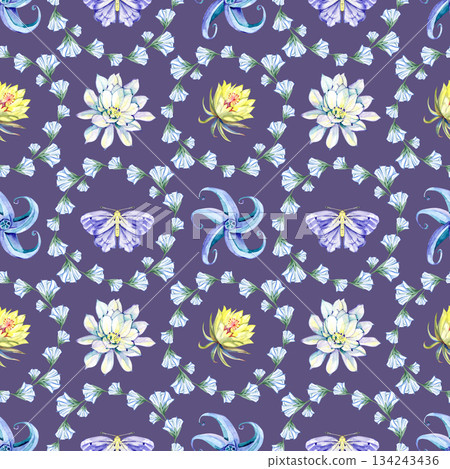 Delicate watercolor illustration featuring moon flowers, floral wreaths and butterflies. Light and airy botanical pattern with magical night mood, ideal for romantic, wedding and nature inspired 134243436