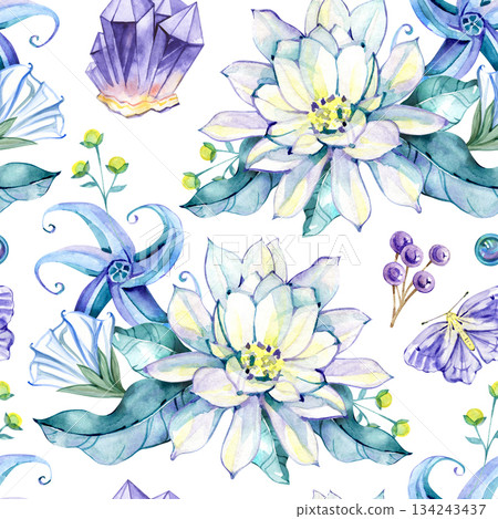Mystical watercolor illustration with moon flowers, crystals, leaves and butterflies. Dreamy botanical pattern inspired by night garden, magic and celestial aesthetics, perfect for spiritual, fantasy 134243437