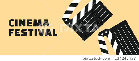 Cinema Festival Banner with Clapperboard and Countdown Elements in Flat Vector Illustration Cinema Festival Banner with Clapperboard and Countdown Elements in Flat Vector Illustration 134243458