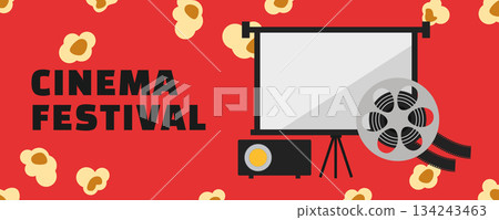 Cinema Festival Banner with Popcorn, Film Projector and Film Strip on Vibrant Red Background 134243463