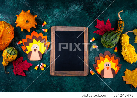 Thanksgiving day background with craft turkey 134243473