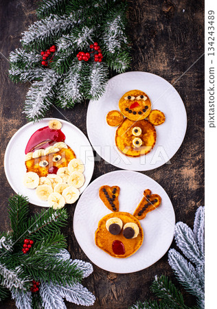 Pancakes in the shape of Santa reindeer 134243489