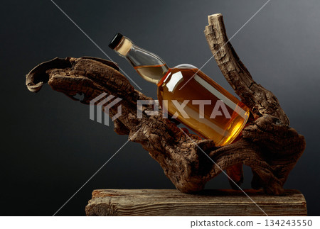 Bottle of whiskey on a old snags. 134243550