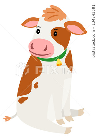 Cow sit. Cute farm animal with golden bell Cow sit. Cute farm animal with golden bell 134243591