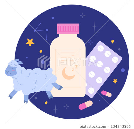 Insomnia therapy. Sleeping medication. Healthy rest icon 134243595