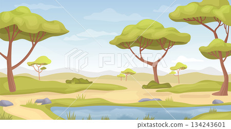 African landscape. Savannah trees. Cartoon nature scene African landscape. Savannah trees. Cartoon nature scene 134243601