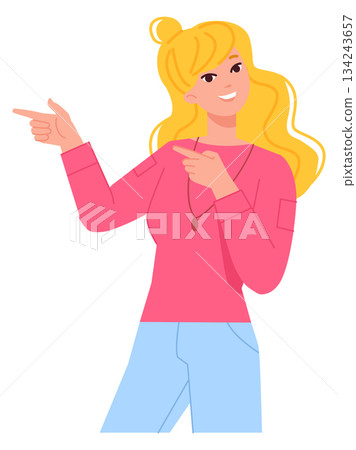 Girl pointing finger. Cartoon woman show aside Girl pointing finger. Cartoon woman show aside 134243657