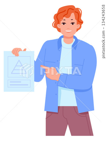 Young guy show paper document. Business demonstration 134243658