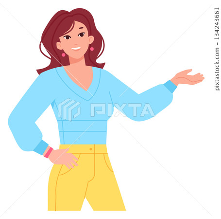 Show hand gesture. Cheerful woman displaying product Show hand gesture. Cheerful woman displaying product 134243661