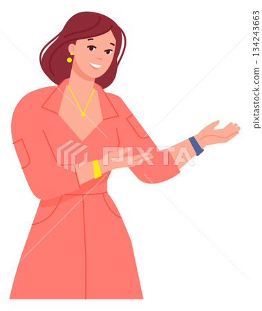 Woman show something aside. Promotion hand gesture Woman show something aside. Promotion hand gesture 134243663