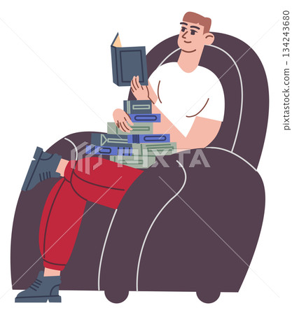 Young man reading book stack in soft armchair color character 134243680