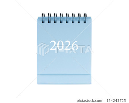 Desktop calendar for cover 2026 in blue colour. Mini planner for business and finance, spiral view on isolated white background 134243725